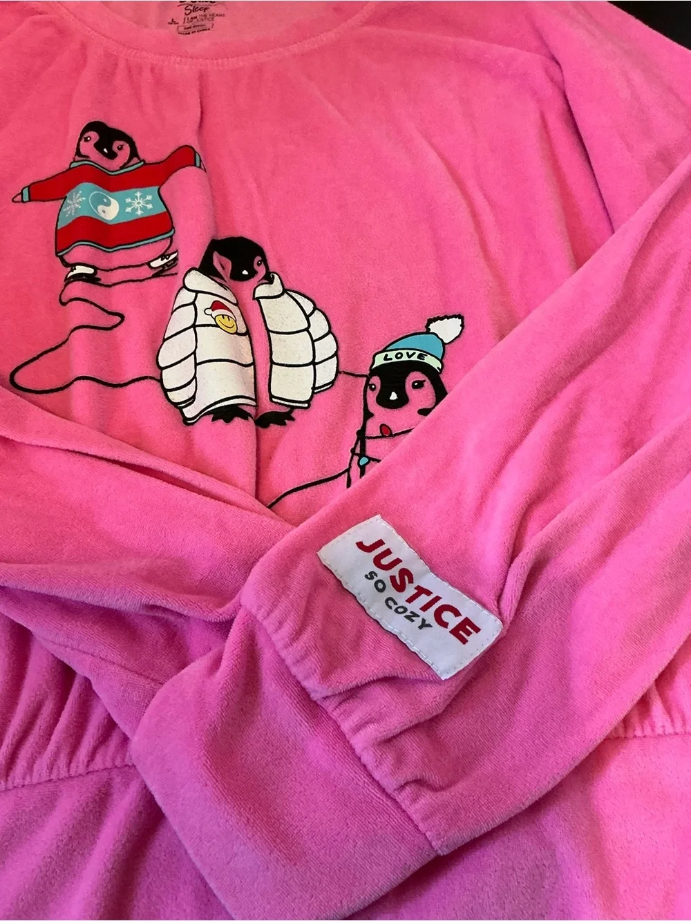 Justice Pink Long Sleeve Shirt with Penguin and Light Graphic